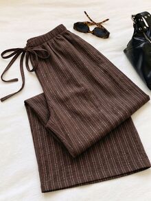 SHEIN PETITE CURVE Plus Size Striped Casual Lounge Modest Drawstring Waist Long Pants For Daily Wear Formal Home Wear Brown Summer Formal Home Wear Fall - Brown - View 10