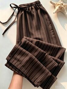 SHEIN PETITE CURVE Plus Size Striped Casual Lounge Modest Drawstring Waist Long Pants For Daily Wear Formal Home Wear Brown Summer Formal Home Wear Fall - Brown - View 7