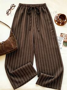 SHEIN PETITE CURVE Plus Size Striped Casual Lounge Modest Drawstring Waist Long Pants For Daily Wear Formal Home Wear Brown Summer Formal Home Wear Fall - Brown - View 4