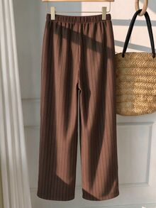 SHEIN PETITE CURVE Plus Size Striped Casual Lounge Modest Drawstring Waist Long Pants For Daily Wear Formal Home Wear Brown Summer Formal Home Wear Fall - Brown - View 6