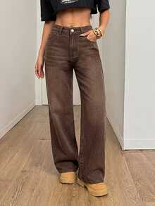 SHEIN PETITE Women's Casual Versatile Daily Travel Denim Jeans With Pockets And Buttons - Brown - View 4