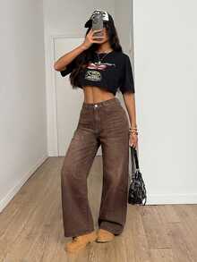 SHEIN PETITE Women's Casual Versatile Daily Travel Denim Jeans With Pockets And Buttons - Brown - View 3
