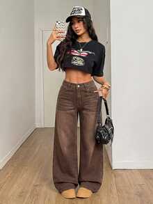 SHEIN PETITE Women's Casual Versatile Daily Travel Denim Jeans With Pockets And Buttons - Brown - View 7