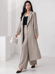 Heiryn Women's Contrast Color Piping Front Button Fringe Long Sleeves Abaya Robe Set With Pants, Elegant Open Dinner Office Black Autumn - Khaki - View 4