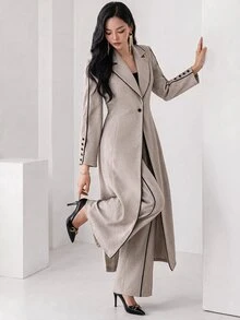 Heiryn Women's Contrast Color Piping Front Button Fringe Long Sleeves Abaya Robe Set With Pants, Elegant Open Dinner Office Black Autumn - Khaki - View 3