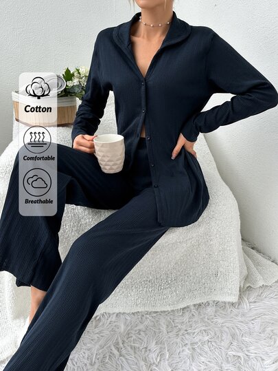 SHEIN Cottnline PLUS 100Cotton Shirt Style Buttoned Striped Dark Blue 2 Pieces Pajama Set For Women Black Sleep Wear Long Sleeve Lounge Navy Blue Night Fall Bridal