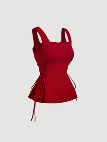 SHEIN MOD Đầm mini đỏ đậm thanh lịch cổ vuông, chi tiết thắt dây bên hông thời thượng, thân trên ôm sát nhún bèo cho nữ, đi chơi đêm Giáng Sinh và Năm Mới - Đỏ - Xem 2