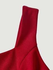 SHEIN MOD Đầm mini đỏ đậm thanh lịch cổ vuông, chi tiết thắt dây bên hông thời thượng, thân trên ôm sát nhún bèo cho nữ, đi chơi đêm Giáng Sinh và Năm Mới - Đỏ - Xem 7