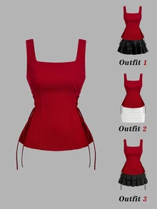 SHEIN MOD Đầm mini đỏ đậm thanh lịch cổ vuông, chi tiết thắt dây bên hông thời thượng, thân trên ôm sát nhún bèo cho nữ, đi chơi đêm Giáng Sinh và Năm Mới - Đỏ - Xem 1