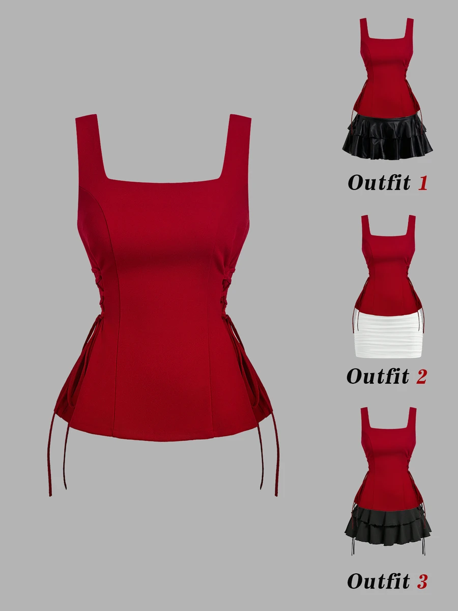SHEIN MOD Đầm mini đỏ đậm thanh lịch cổ vuông, chi tiết thắt dây bên hông thời thượng, thân trên ôm sát nhún bèo cho nữ, đi chơi đêm Giáng Sinh và Năm Mới - Đỏ - Xem 1