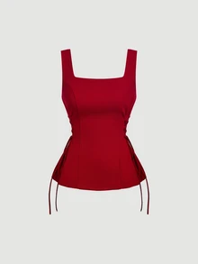 SHEIN MOD Đầm mini đỏ đậm thanh lịch cổ vuông, chi tiết thắt dây bên hông thời thượng, thân trên ôm sát nhún bèo cho nữ, đi chơi đêm Giáng Sinh và Năm Mới - Đỏ - Xem 6