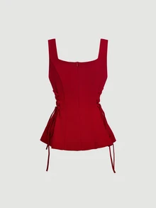 SHEIN MOD Đầm mini đỏ đậm thanh lịch cổ vuông, chi tiết thắt dây bên hông thời thượng, thân trên ôm sát nhún bèo cho nữ, đi chơi đêm Giáng Sinh và Năm Mới - Đỏ - Xem 5