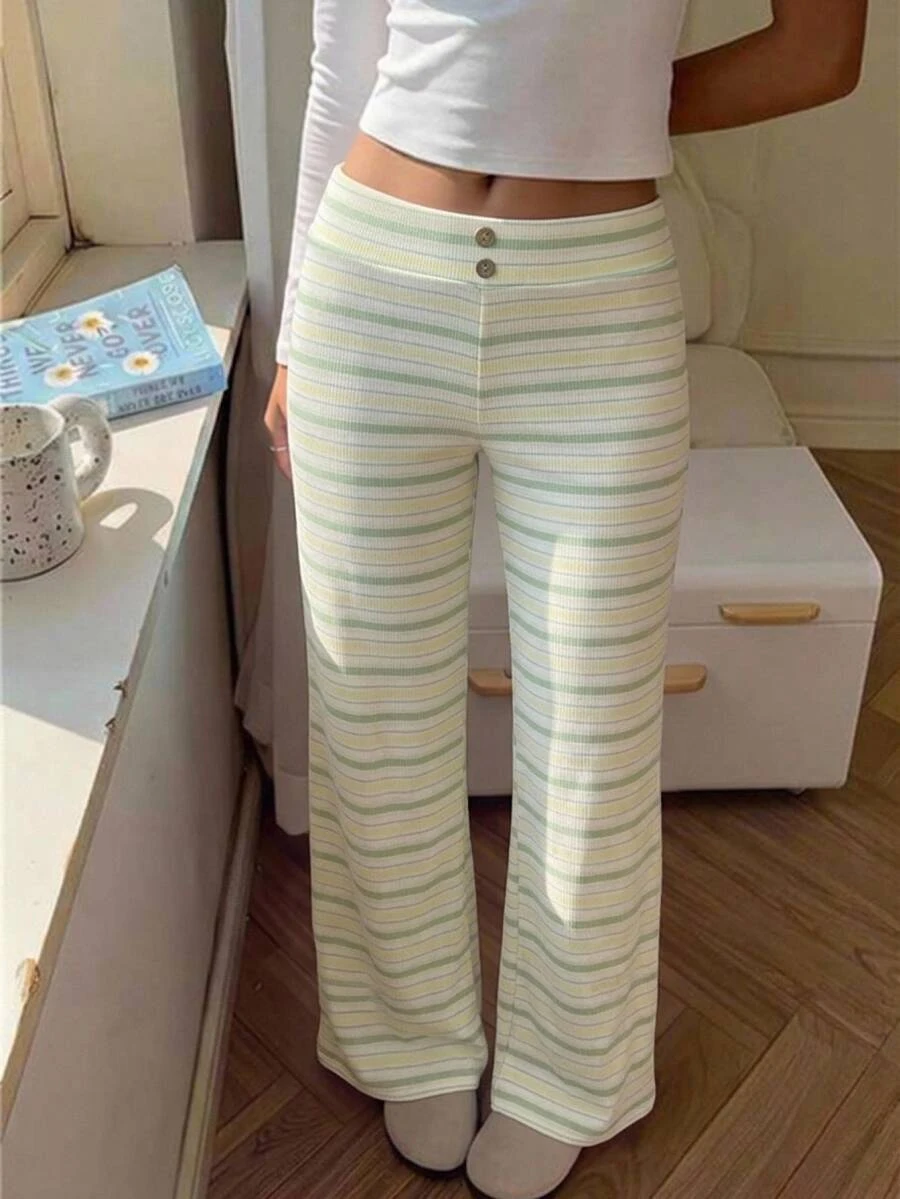CovetEZ Women's Striped Straight Leg Pants With Button Waist Design - Green - View 1