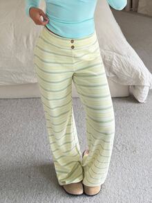 CovetEZ Women's Striped Straight Leg Pants With Button Waist Design - Green - View 3