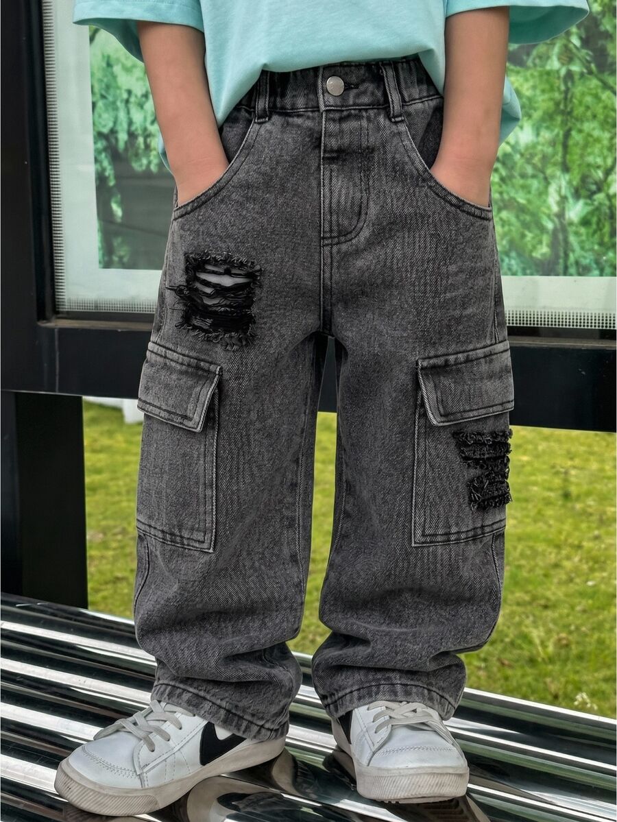 SHEIN Genkimix Kids 男童牛仔褲，工裝破洞牛仔褲，四季皆宜，街頭休閒風，水洗牛仔，多口袋工裝設計，冬季