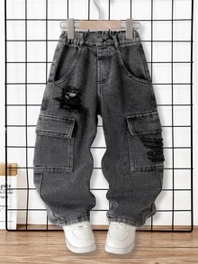 SHEIN Genkimix Kids 男童牛仔褲，工裝破洞牛仔褲，四季皆宜，街頭休閒風，水洗牛仔，多口袋工裝設計，冬季 - 灰色 - 查看 5