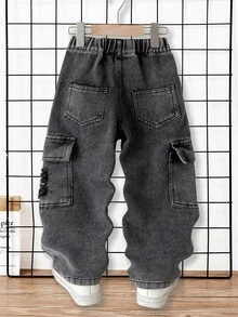 SHEIN Genkimix Kids 男童牛仔褲，工裝破洞牛仔褲，四季皆宜，街頭休閒風，水洗牛仔，多口袋工裝設計，冬季 - 灰色 - 查看 3