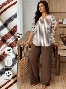 Weeklong 2pcs/Set Plus Size Women Notched Collar Buttoned Sleeve Contrast Color Floral Print Suit Autumn/Winter Fall - Multicolor - View 1