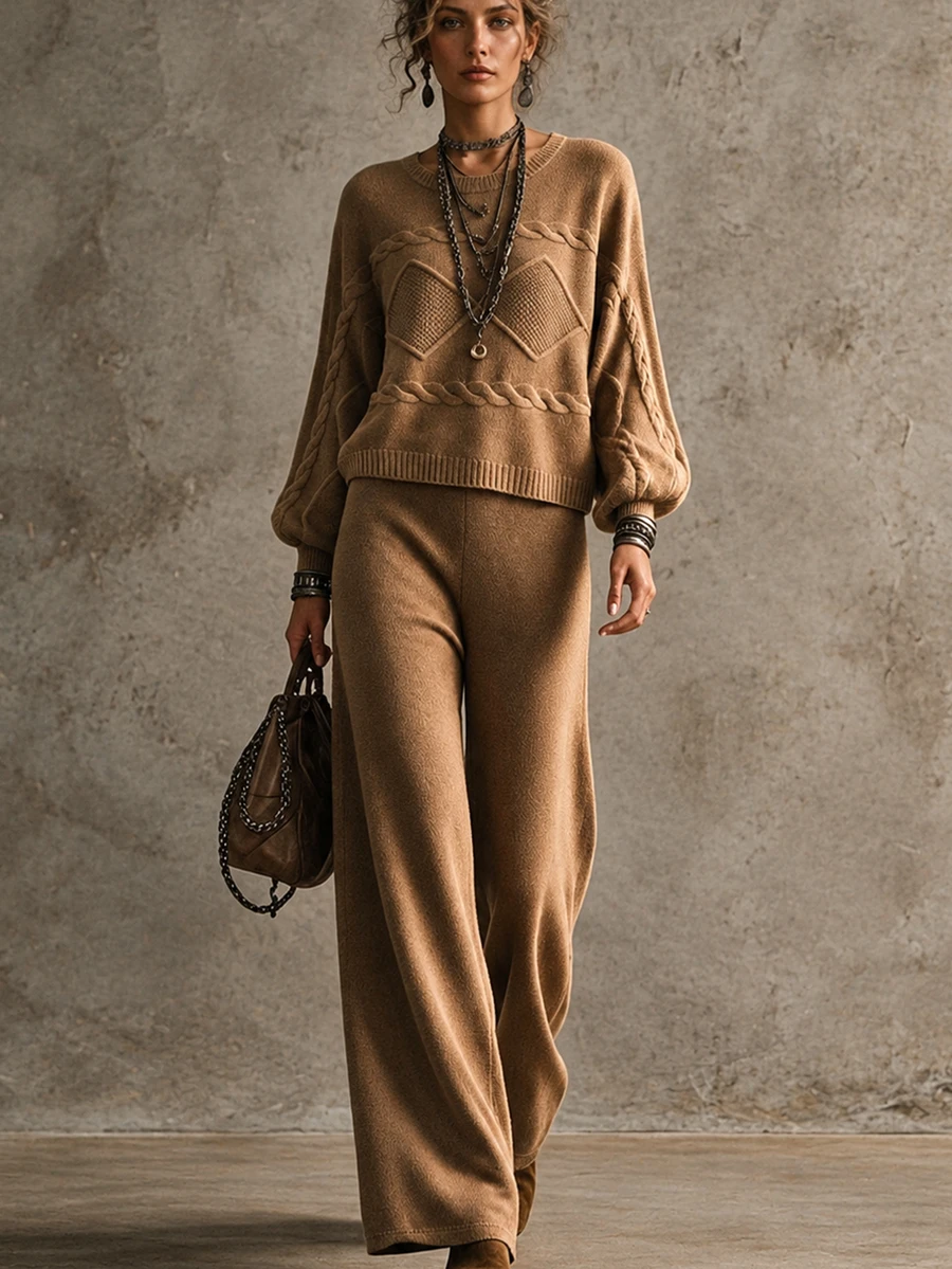 SHEIN Women Cable Knit 2 Pieces Outfits, Long Sleeve Crop Sweater & Wide Leg Pants Knitted Set - Brown - View 1