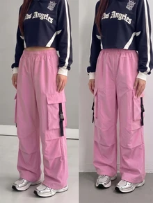 SHEIN 青少年女孩休閒街頭風 Y2K 百搭工裝褲 校園穿搭 黑色與粉色 秋冬款 - 粉色 - 查看 1