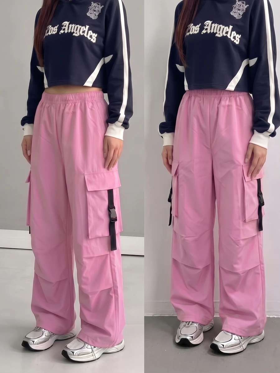 SHEIN 青少年女孩休閒街頭風 Y2K 百搭工裝褲 校園穿搭 黑色與粉色 秋冬款 - 粉色 - 查看 1