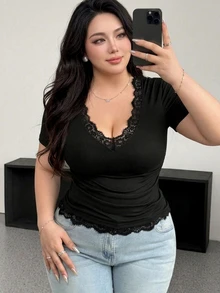Vibekara Plus Size Women Summer Ruffles Patchwork V-Neck Short Sleeve Pleated Bodycon Elegant Vintage Sexy Cute Party T-Shirt - Black - View 3