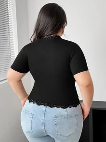 Vibekara Plus Size Women Summer Ruffles Patchwork V-Neck Short Sleeve Pleated Bodycon Elegant Vintage Sexy Cute Party T-Shirt - Black - View 2