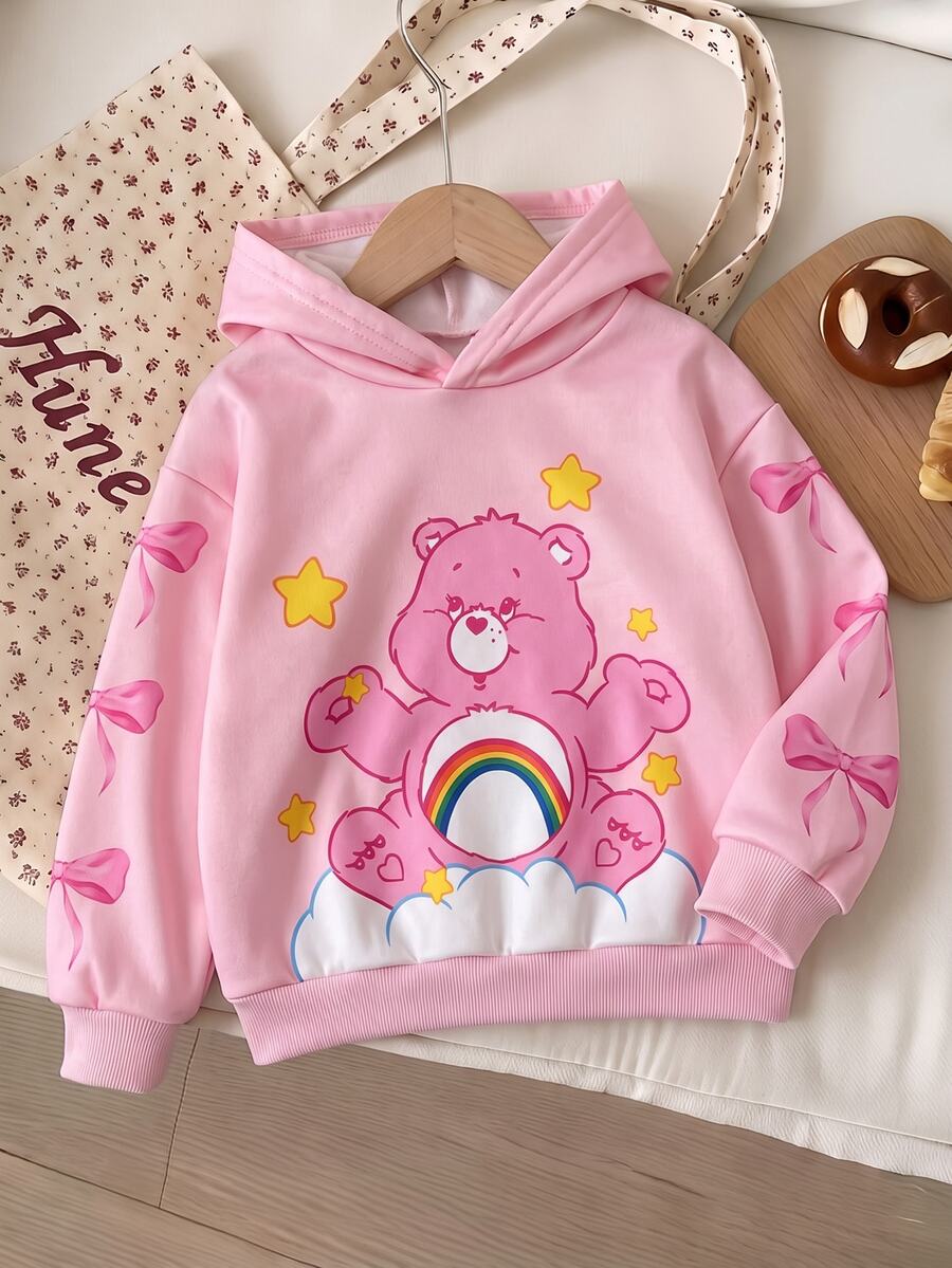 SHEIN X Care Bears 1件女童休閒可愛卡通熊與蝴蝶結印花粉色抓絨衛衣，適合秋冬穿著 - 彩色 - 查看 1