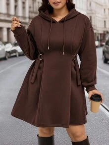 SHEIN LUNE Plus Size Women Solid Color Casual Everyday Hooded Dress Fall - Coffee Brown - View 4