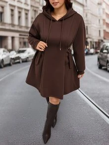 SHEIN LUNE Plus Size Women Solid Color Casual Everyday Hooded Dress Fall - Coffee Brown - View 8