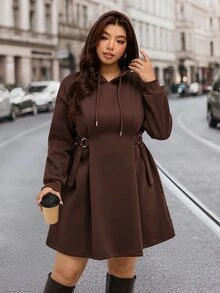 SHEIN LUNE Plus Size Women Solid Color Casual Everyday Hooded Dress Fall - Coffee Brown - View 5