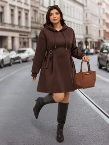 SHEIN LUNE Plus Size Women Solid Color Casual Everyday Hooded Dress Fall - Coffee Brown - View 3