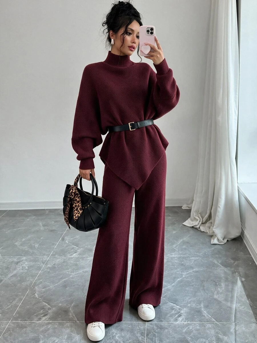 Elenzga A Set Of Women's Irregular Top With Stand Collar And Batwing Sleeves, Paired With Wide-Leg Pants, Suitable For Autumn And Winter Wear - Burgundy - View 1