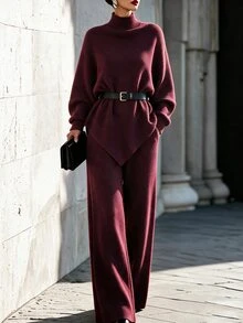 Elenzga A Set Of Women's Irregular Top With Stand Collar And Batwing Sleeves, Paired With Wide-Leg Pants, Suitable For Autumn And Winter Wear - Burgundy - View 3