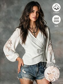 Glimmora 法式度假波希米亞風復古刺繡交叉V領亞麻女式襯衫，收腰扭結燈籠長袖上衣 - 白色 - 查看 1