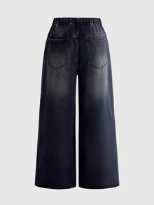ROMWE Grunge Punk Gothic Punk Plus Size Women's Wide Leg Jeans, Skeleton Print Washed Loose Design, Punk Music Festival Streetwear Long Pants - Black - View 2