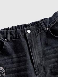 ROMWE Grunge Punk Gothic Punk Plus Size Women's Wide Leg Jeans, Skeleton Print Washed Loose Design, Punk Music Festival Streetwear Long Pants - Black - View 3