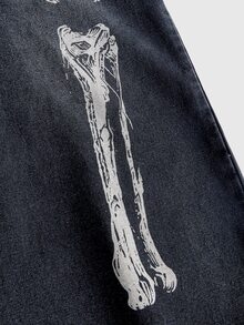 ROMWE Grunge Punk Gothic Punk Plus Size Women's Wide Leg Jeans, Skeleton Print Washed Loose Design, Punk Music Festival Streetwear Long Pants - Black - View 4