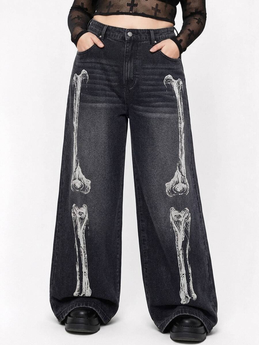 ROMWE Grunge Punk Gothic Punk Plus Size Women's Wide Leg Jeans, Skeleton Print Washed Loose Design, Punk Music Festival Streetwear Long Pants - Black - View 1