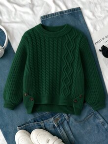 Cable Knit Sweater, White Round Neck Button Decor Jumper For Tween Girl Autumn Casual Cool Back-To-School Family Matching Y2K Fashion Clothes Beach - Dark Green - View 3