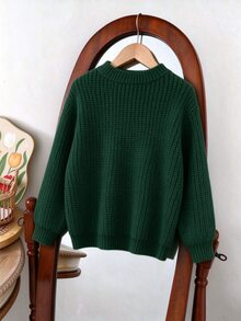 Cable Knit Sweater, White Round Neck Button Decor Jumper For Tween Girl Autumn Casual Cool Back-To-School Family Matching Y2K Fashion Clothes Beach - Dark Green - View 2