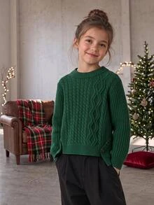 Cable Knit Sweater, White Round Neck Button Decor Jumper For Tween Girl Autumn Casual Cool Back-To-School Family Matching Y2K Fashion Clothes Beach - Dark Green - View 1
