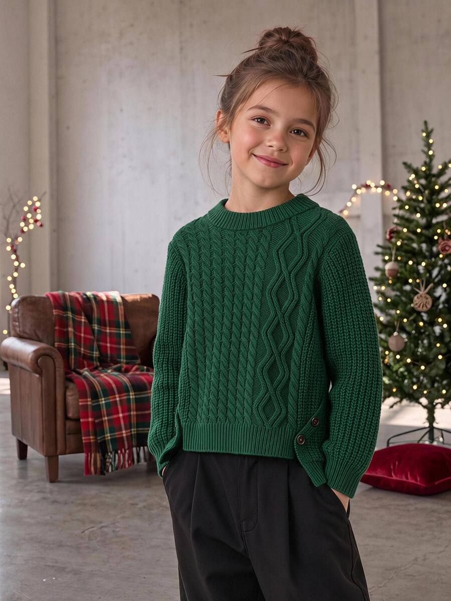 Cable Knit Sweater, White Round Neck Button Decor Jumper For Tween Girl Autumn Casual Cool Back-To-School Family Matching Y2K Fashion Clothes Beach - Dark Green - View 1