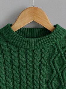 Cable Knit Sweater, White Round Neck Button Decor Jumper For Tween Girl Autumn Casual Cool Back-To-School Family Matching Y2K Fashion Clothes Beach - Dark Green - View 5