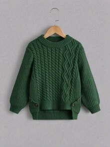 Cable Knit Sweater, White Round Neck Button Decor Jumper For Tween Girl Autumn Casual Cool Back-To-School Family Matching Y2K Fashion Clothes Beach - Dark Green - View 7