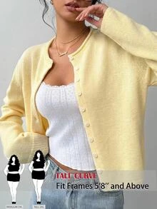 SHEIN Tall CURVE 大尺碼百搭時尚單排釦長袖針織開襟衫 冬季 - 黃色 - 查看 1