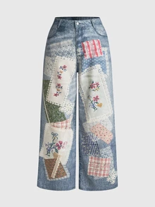Sweetness Plus Size Women's Romantic Pastoral Mori Style Lace Applique Ditsy Floral Wide Leg Denim Jeans - Blue - View 5