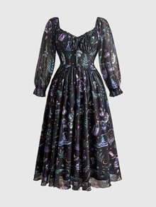 ROMWE Fairycore Plus Size Women Gothic Dark Forest Magic Academy Dark Sun Moon Star Mystical Star Tie Ruffle Petal Sleeve Dress - Multicolor - View 2