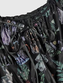 ROMWE Fairycore Plus Size Women Gothic Dark Forest Magic Academy Dark Sun Moon Star Mystical Star Tie Ruffle Petal Sleeve Dress - Multicolor - View 4