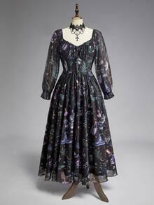 ROMWE Fairycore Plus Size Women Gothic Dark Forest Magic Academy Dark Sun Moon Star Mystical Star Tie Ruffle Petal Sleeve Dress - Multicolor - View 1